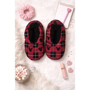 Disney Mickey Mouse Red Plaid Fleece Slippers Non Slip Grips Adult Small